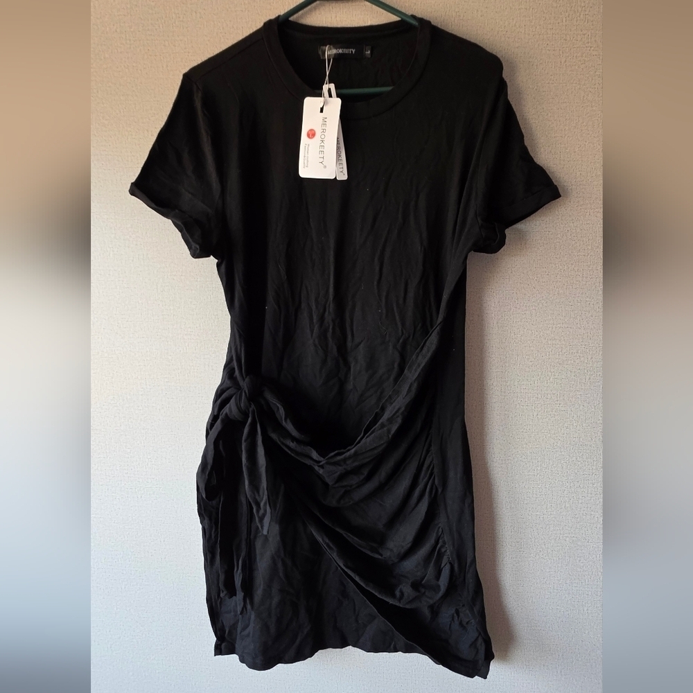 Chic Black Ruched Mini Dress - Picture 2 of 5
